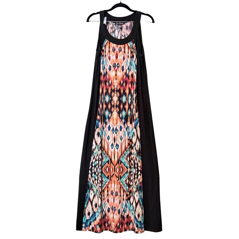 Elie McCarthy Tribal Maxi Dress L Black Ikat Print Sleeveless Boho Gown 3792A